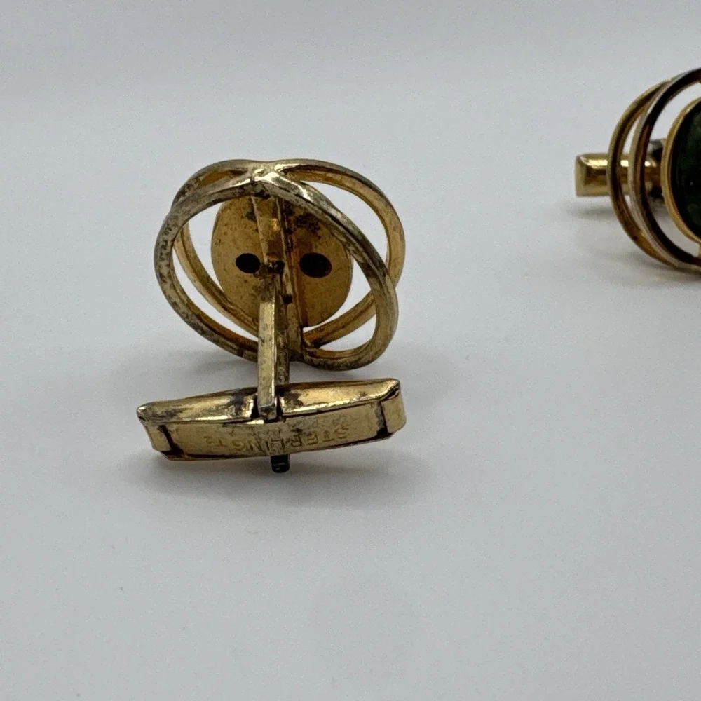 Vintage Sterling Silver T2 Green Cabochon Modernist Cufflinks Gold Wash Mens